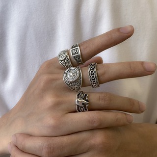 【お買い得】メンズ 指輪 5個セット ごつい シルバー ヒップホップ 韓国(リング(指輪))