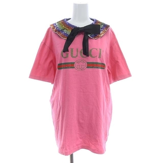 グッチ(Gucci)のグッチ オールドロゴ スパンコール襟付き Tシャツ 半袖 リボン L ピンク(Tシャツ(半袖/袖なし))
