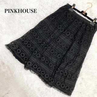 ピンクハウス(PINK HOUSE)の美品 ピンクハウス レース刺繍フレアスカート 膝丈 フリーサイズ ウエストゴム(ひざ丈スカート)