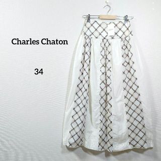 シャルルシャトン(Charles Chaton)のシャルルシャトン　スカート　フレア　チェック　ベージュ　刺繍　レディース　薄手(ロングスカート)