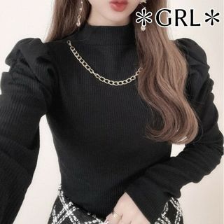 グレイル(GRL)のグレイル GRL 春服 チェーンネックレス付きパワショルテレコトップス 長袖 黒(カットソー(長袖/七分))