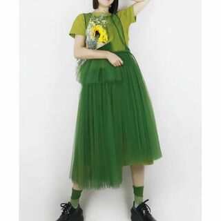 グリーン メッシュスカート ワンピース フレンチ アシンメトリー [0002](ロングワンピース/マキシワンピース)