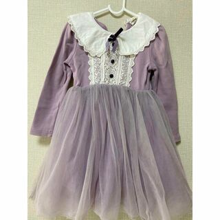 F9068 キッズドレス　子供　紫　レース　ワンピース　丸いネック　長袖(ワンピース)