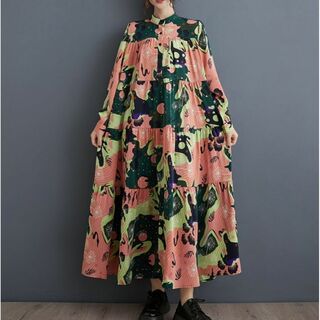 グリーン ドレス ワンピース 春 秋 アート レトロ [0008](ロングワンピース/マキシワンピース)