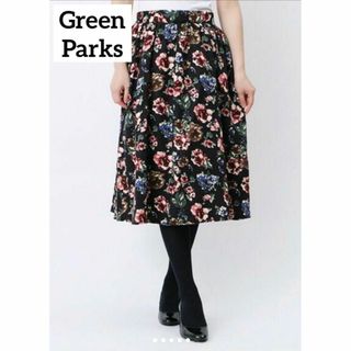 グリーンパークス(green parks)のGreen Parks ミモレ丈　花柄　フレアギャザースカート　総柄　レトロ　F(ひざ丈スカート)