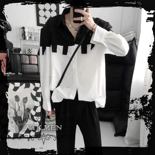 メンズ　シャツ　重ね着　白　黒 ホワイト ブラック　長袖　韓国　デザイン