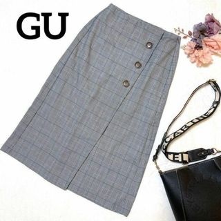 ジーユー(GU)の【美品】GU グレンチェック　グレー　チェック柄　ロング丈　スカート　Sサイズ(ロングスカート)