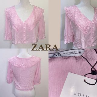 ザラ(ZARA)の【新品 XS】ZARA レース襟ブラウス(シャツ/ブラウス(半袖/袖なし))