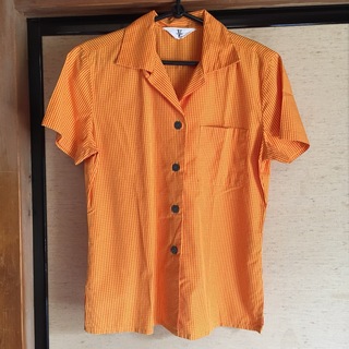 東京ブラウス　半袖ブラウス　オレンジ色　チェックブラウス(シャツ/ブラウス(半袖/袖なし))