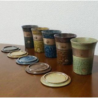 ミノヤキ(美濃焼)のうさぎ フリーカップセット 美濃　蓋つき5カップセット 蓋はコースターにもなる(グラス/カップ)