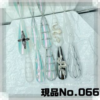 No.066S現品推しネイルチップパンクつけ爪ギャル十字架ロング蛇シルバー痛(つけ爪/ネイルチップ)