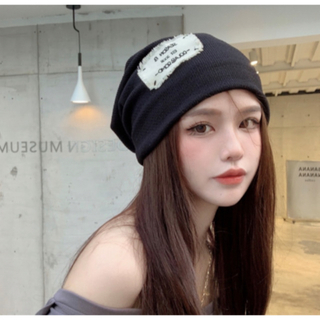 ◆レディース ロゴ 伸縮性あり 韓国系 ニット帽 キャップ ブラック 910(ニット帽/ビーニー)