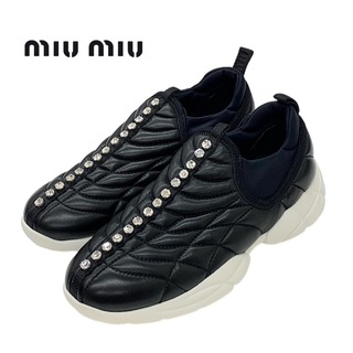 miumiu - ミュウミュウ MIUMIU スニーカー 靴 シューズ レザー ブラック 黒 ビジュー キルティング