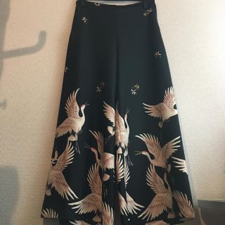 ZARA 和柄プリント 鶴 ワイドパンツ