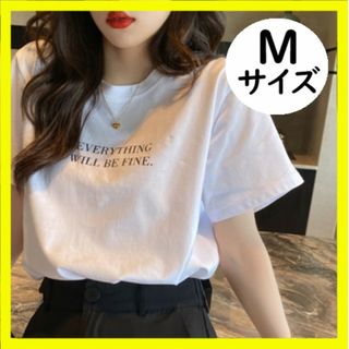 【Mサイズ】英字プリントTシャツ 英字ロゴ 白 クルーネック 半袖 ミドル丈(Tシャツ(半袖/袖なし))