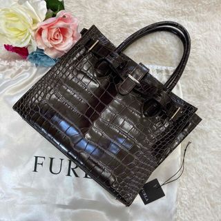 フルラ(Furla)の【極美品】FURLA フルラ　クロコ型押し　ハンドバッグ  ダークブラウン(ハンドバッグ)