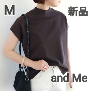 新品(M)アンドミー  USAコットンフレンチスリーブモックネックTシャツ 茶(Tシャツ(半袖/袖なし))