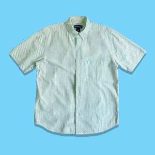 ランズエンド(LANDS’END)の90s ランズエンド シアサッカーストライプボタンダウン半袖シャツ グリーン(シャツ)