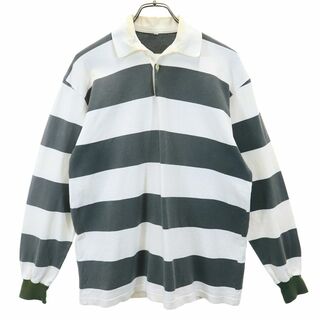 日本製 ボーダー柄 ラグビー 長袖 ラガーシャツ M グリーン系×ホワイト ジャージ メンズ(ポロシャツ)
