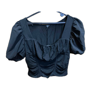 S シャーリング　袖シフォン　ブラウス　シャツ　Tシャツ　ショート丈　クロップド(シャツ/ブラウス(半袖/袖なし))