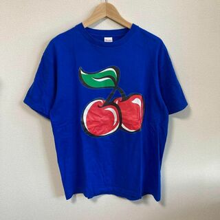 Tシャツ チェリー　さくらんぼ　果物　プリント　韓国　古着　青　ブルー　L(Tシャツ/カットソー(半袖/袖なし))