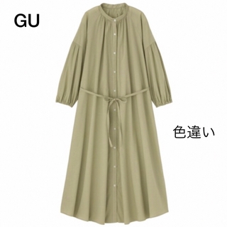 GU - GU バンドカラーギャザーワンピース ロング丈 バルーン袖 シャツワンピ 羽織り