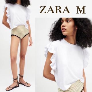 ザラ(ZARA)の【美品 M】ZARA フリル袖 トップス(Tシャツ(半袖/袖なし))