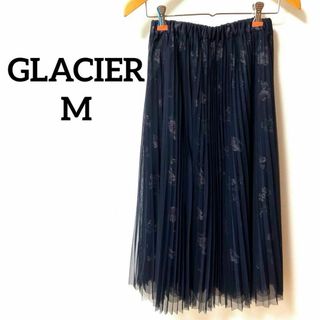 【美品】GLACIER 花柄チュールプリーツスカート　ミモレ丈　ネイビー(ロングスカート)