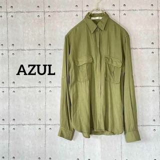 アズールバイマウジー(AZUL by moussy)のp-1 アズール ベーシック レーヨン 長袖シャツ 袖ロールアップ M カーキ(シャツ/ブラウス(長袖/七分))