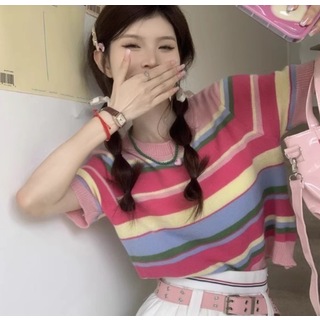 【レア】　レディース　Tシャツ　ピンク　フリー　韓国　ショート　お洒落(Tシャツ(半袖/袖なし))