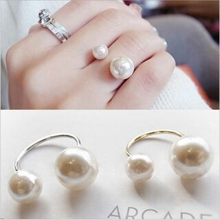 シルバー925色 ダブル パールリング真珠デザイン フリーサイズ指輪★結婚式(リング(指輪))
