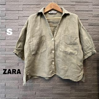 ザラ(ZARA)のZARA ザラ オーバーサイズ　半袖シャツ S カーキ リネンシャツ　トップス(シャツ/ブラウス(半袖/袖なし))