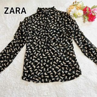 ザラ(ZARA)のZARA 猫総柄 シアーシャツ 薄手 ブラウス カットソー ブラック XS(シャツ/ブラウス(長袖/七分))