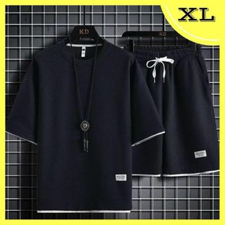 XL　セットアップ 部屋着 ブラック 半袖 ルームウェア 上下セット 2点(Tシャツ/カットソー(半袖/袖なし))