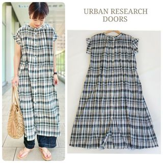 URBAN RESEARCH DOORS - アーバンリサーチドアーズ 綿麻チェックワンピース ゆったり 洗える 半袖