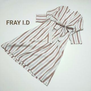 フレイアイディー(FRAY I.D)の美品　フレイアイディー　リネンブレンドカシュクールワンピース　ストライプ　羽織(ロングワンピース/マキシワンピース)