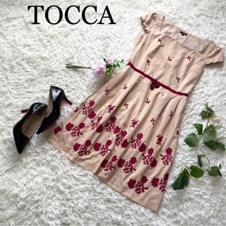 トッカ(TOCCA)の【大きめ】TOCCA　トッカ　フレンチスリーブ　花柄刺繍ワンピース(ひざ丈ワンピース)