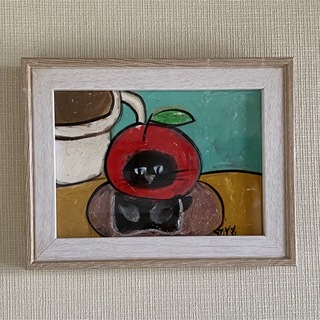 絵画。原画手描【赤いリンゴのフードをかぶった黒猫ちゃんはコーヒーを飲みたい】(絵画/タペストリー)