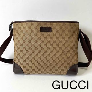 グッチ(Gucci)の【美品】グッチ　ショルダーバッグ　メッセンジャーバッグ　GGキャンバス×レザー(ショルダーバッグ)