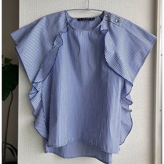 ザラ(ZARA)のZARA BASIC    袖フリル　シャツブラウス　ストライプ柄(シャツ/ブラウス(半袖/袖なし))