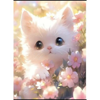 ダイヤモンドアート20×30 花畑の可愛い子猫　白猫　ピンク　作成キット(その他)