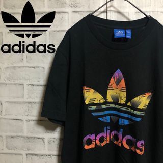 アディダスオリジナルス(adidas Originals)の美品⭐️adidas ビッグレインボートレファイルロゴ Tシャツ L ブラック(Tシャツ/カットソー(半袖/袖なし))