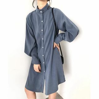 【色: ブルー】[アイモハ] シャツワンピース 長袖 レディース ロングシャツ (その他)