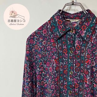 【ヴィンテージ　花柄デザイン　レトロボタン　ニット　ウール混　長袖シャツ　古着】(シャツ/ブラウス(長袖/七分))