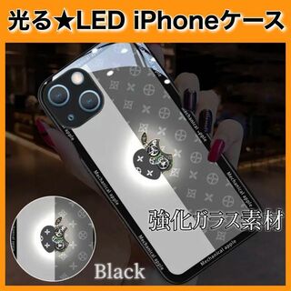 LED 光る りんご 強化ガラス iPhone11 ケース ［ブラック(iPhoneケース)