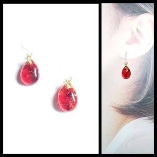 No.564-D　琉球ガラス☆ちっちゃなしずく型☆ピアス・イヤリング(レッド)(ピアス)