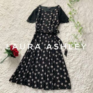 LAURA ASHLEY - 洗える！ローラアシュレイ　ローズドットフレアワンピース　シフォン切替　リボン　9