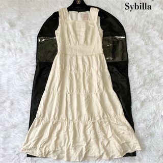 シビラ(Sybilla)の美品 シビラ リネン混ティアードロングワンピース ノースリーブ 麻 Mサイズ(ロングワンピース/マキシワンピース)