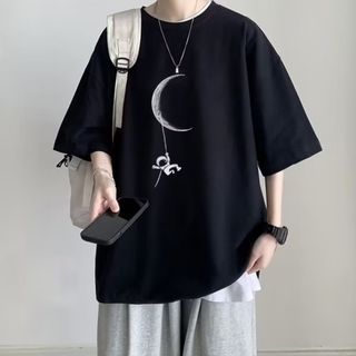 半袖Tシャツ 宇宙プリント ストリート シンプル 大きめ ユニセックス 黒 XL(Tシャツ/カットソー(半袖/袖なし))