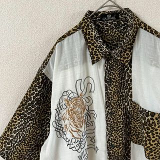 J2豹柄シャツ　切替デザイン　半袖　ポリシャツ　刺繍虎　XLメンズ　レオパード(Tシャツ/カットソー(半袖/袖なし))